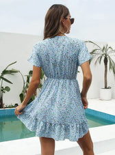 Deep V-Neck Flounces Chiffon Flowered Top L / Pink Dresses