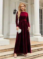 Velvet Long Sleeve Dress - Solid Color S / Burgundy
