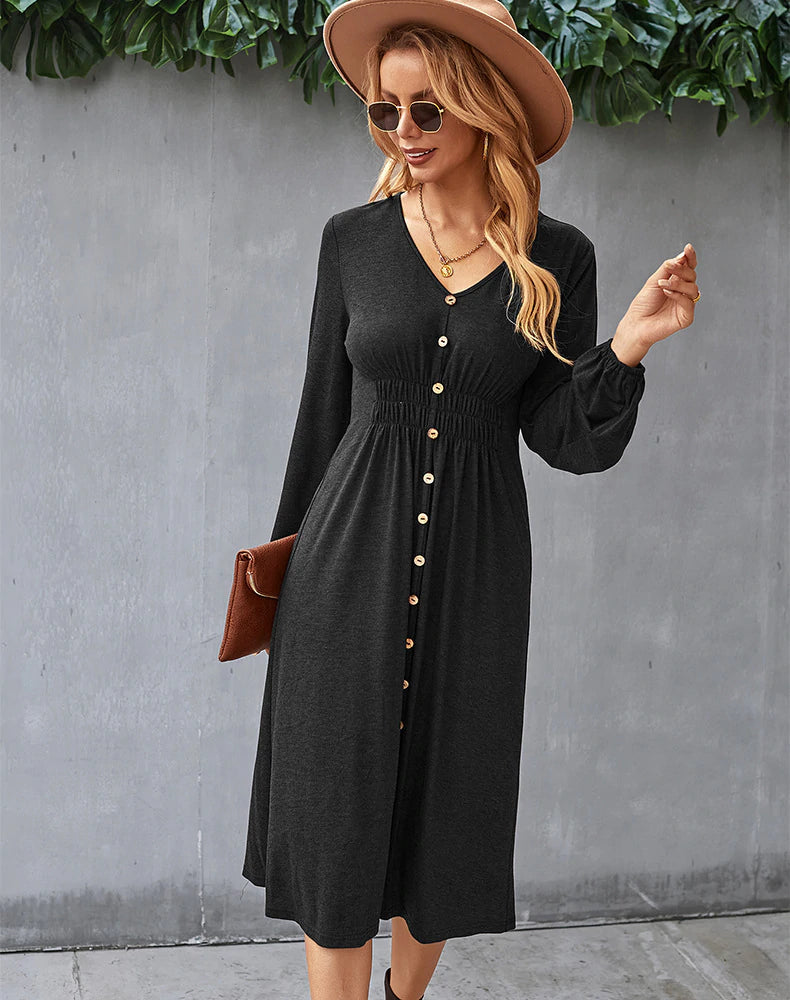 V-Neck Long Sleeve Button Front Smocked Waist A-Line Midi Dress 7