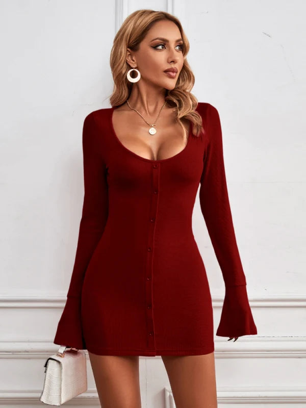 Single-Breasted Knitted Long-Sleeved Dress M / Fuchsia