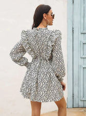 Wood Ear Collar Long Sleeve Printed Dress With Ruffled Detail M / Black Dresses