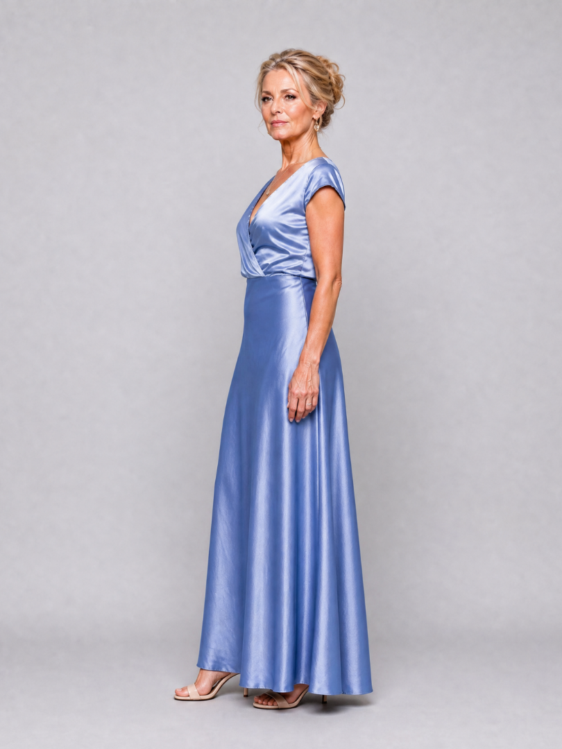 Surplice V-Neck Cap Sleeve Satin Maxi Gown