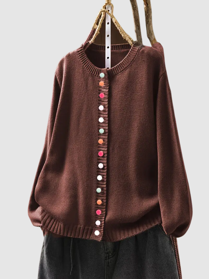Crew Neck Long Sleeve Button Front Knit Cardigan