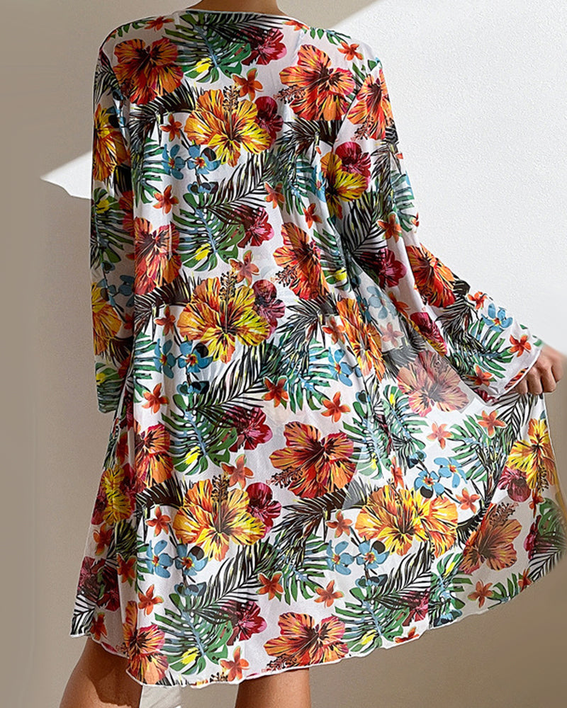 Tropical Floral Tie Front High Waist Bikini Set with Cover Up