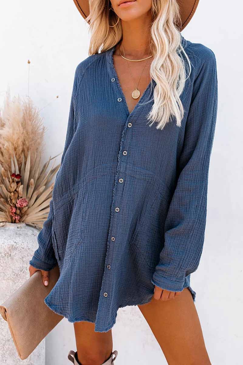 Seersucker Fringed Long Sleeves Mini Dresses