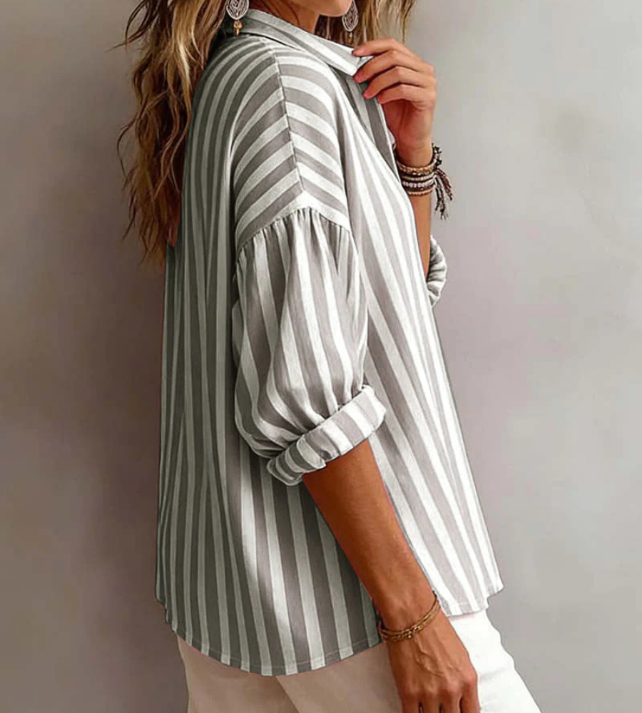 Striped Collared Half Sleeve Popover Blouse
