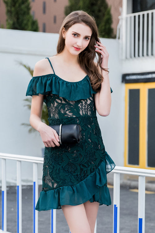 Lace Ruffle Hem Wrap Mini Dress - 3 Colors - View 3