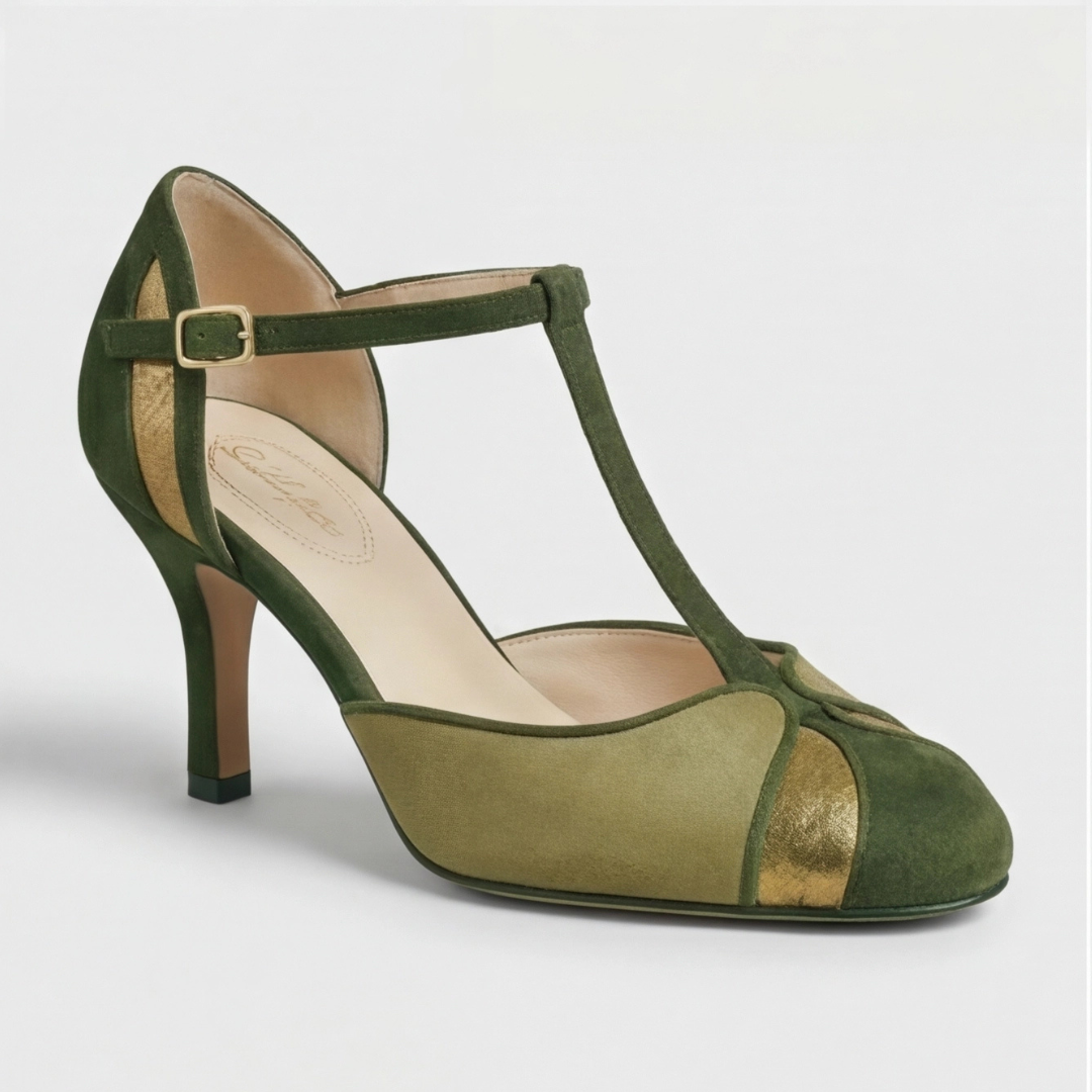 Suede T Strap Round Toe Mid Heel Pumps