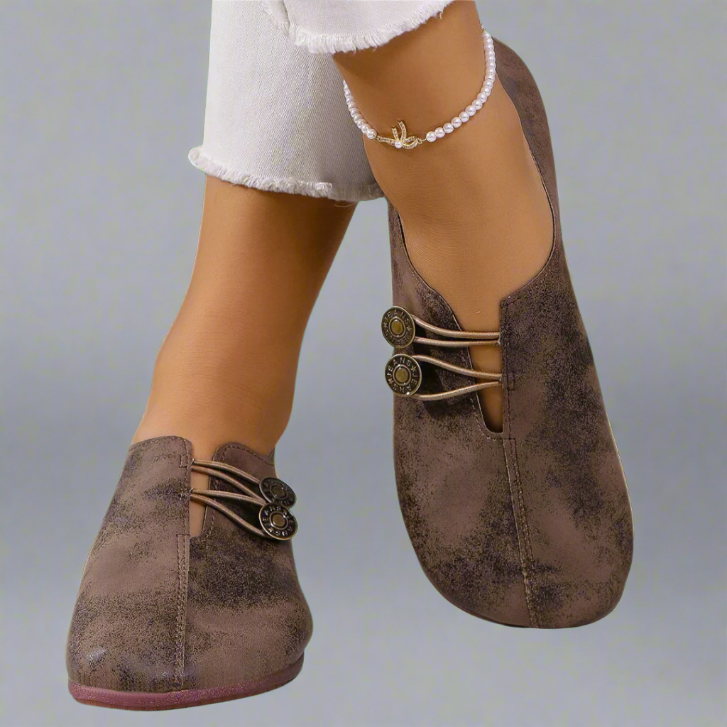 Round Toe Button Loop Suede Look Slip On Flats