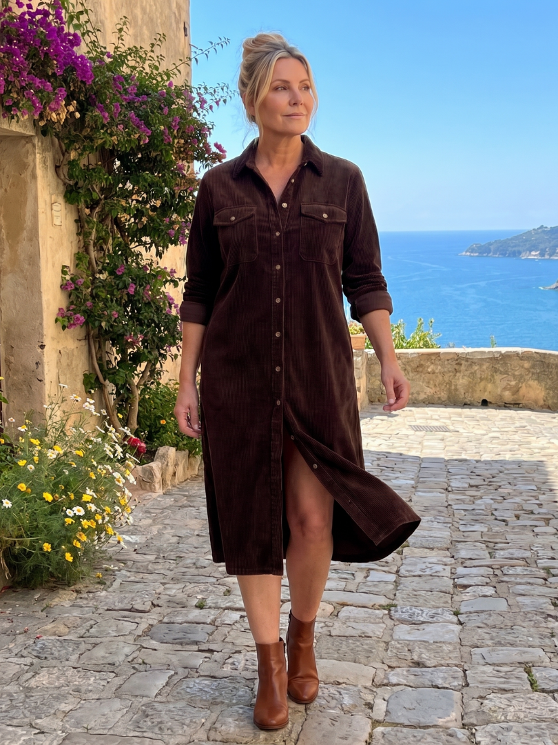 Long Sleeve Button Front Patch Pocket Corduroy Shirt Dress