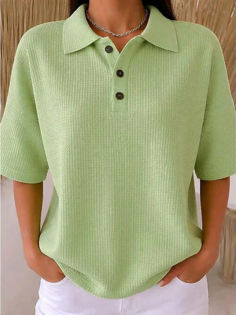 Waffle Knit Collared Short Sleeve Polo Top