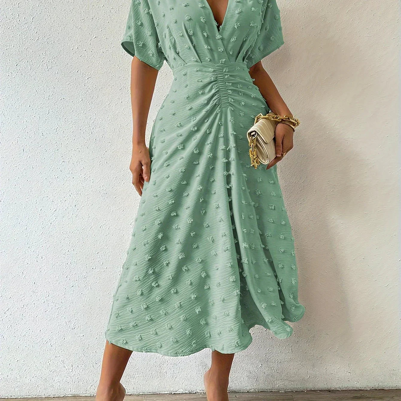 Swiss Dot Flutter Sleeve Pleated Back A-Line Midi Dress