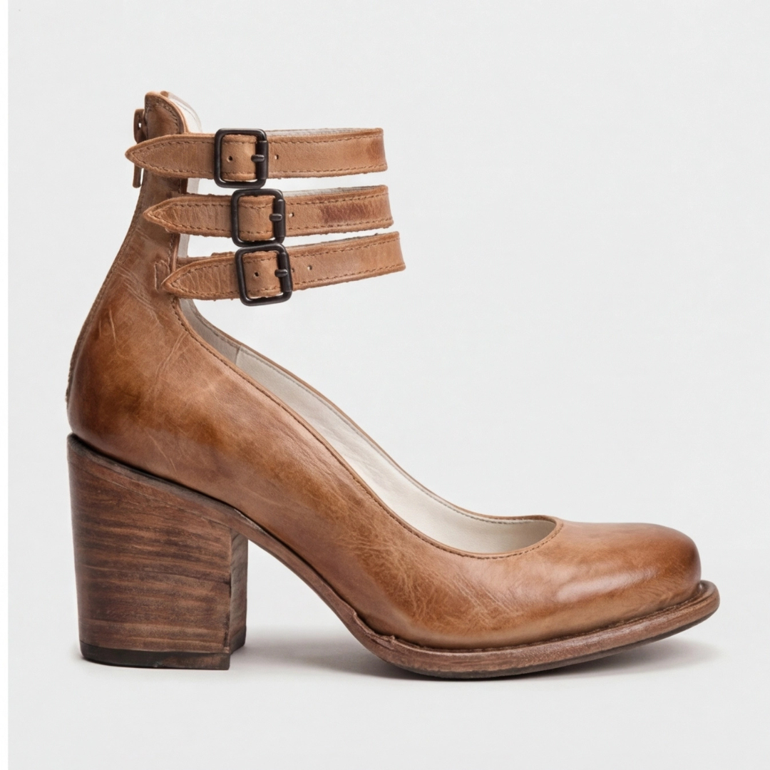 Round Toe Triple Ankle Strap Buckle Block Heel Pumps