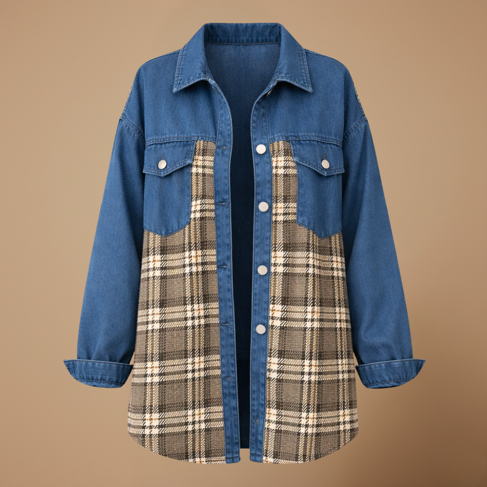 Denim Jacket with Plaid Patchwork and Button Closure