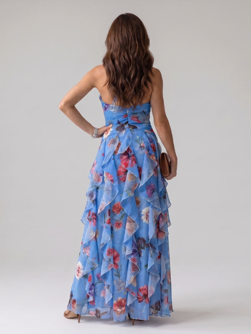 Halter Neck Deep V-Neck Ruffle Floral Maxi Dress