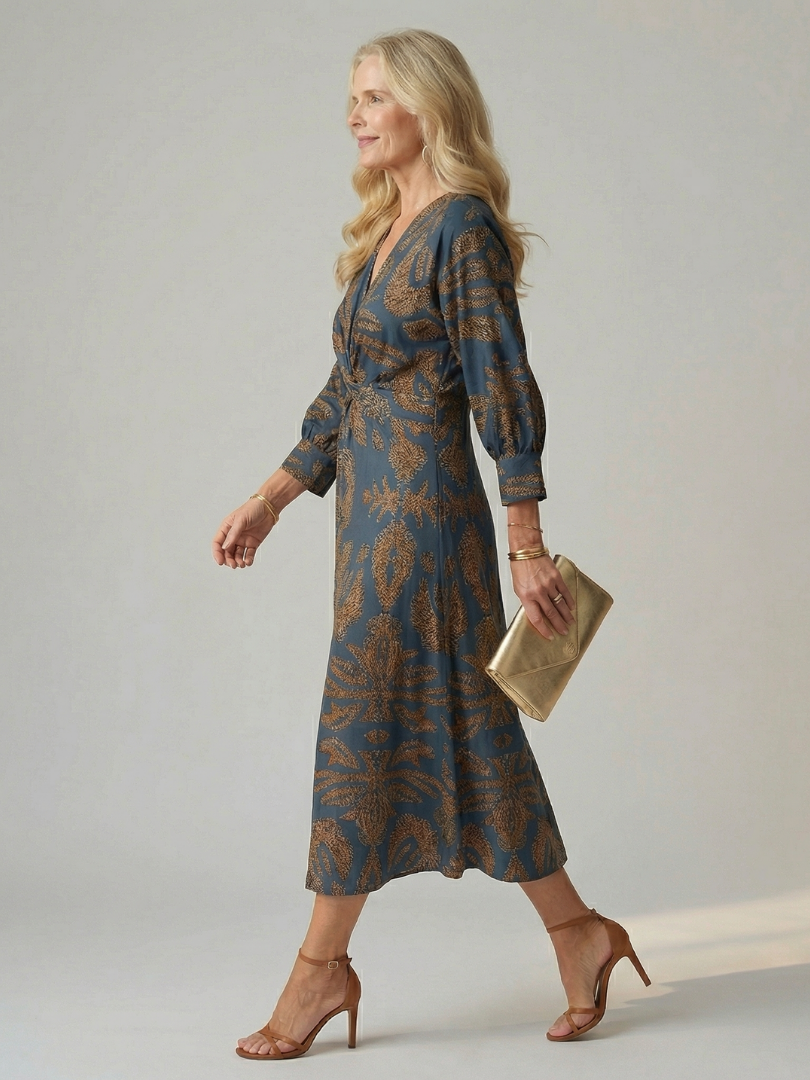 Paisley Print V-Neck Twist Front Long Sleeve Midi Dress