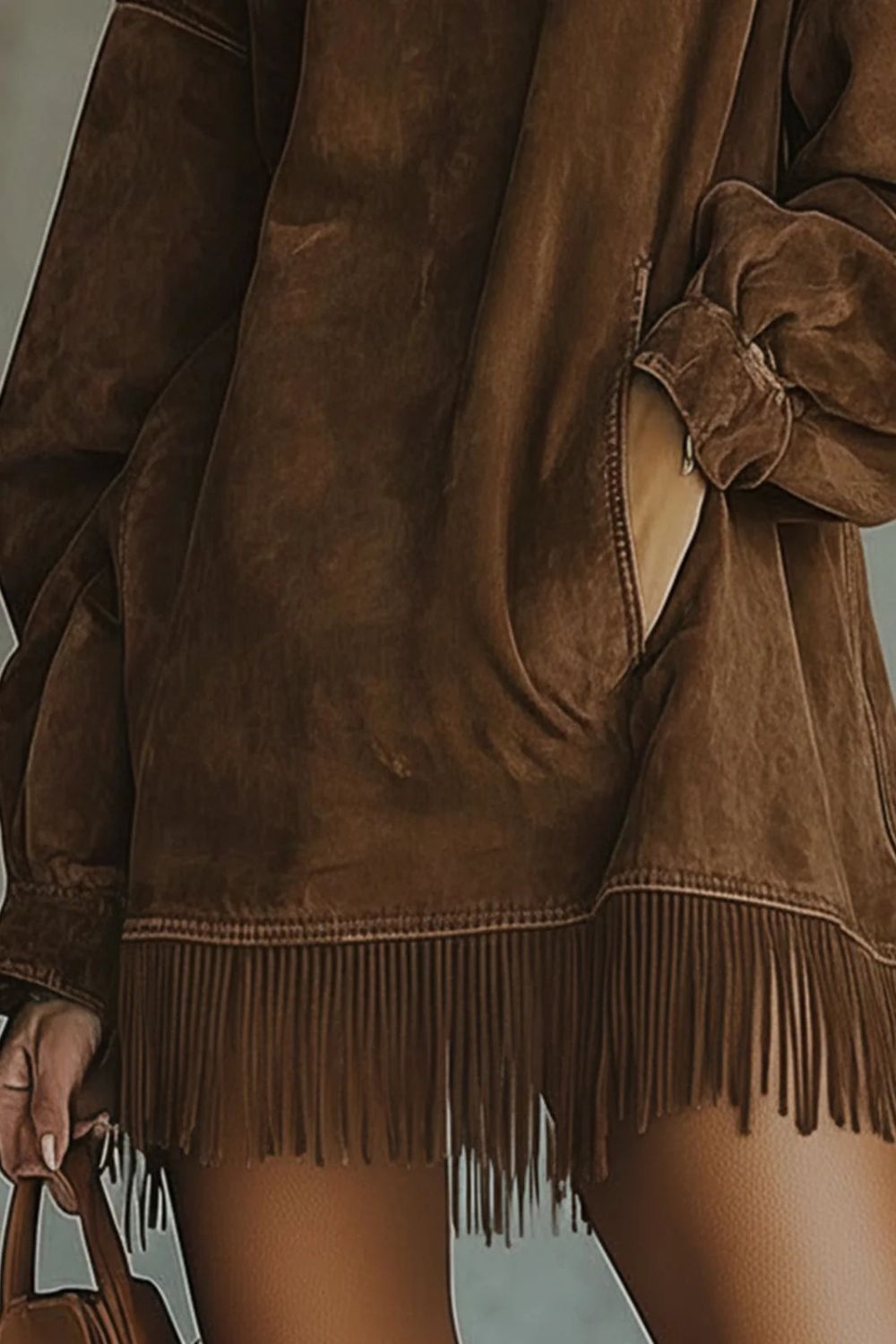 Suede High Neck Long Sleeve Fringe Pocket Mini Dress 8