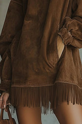Suede High Neck Long Sleeve Fringe Pocket Mini Dress 8