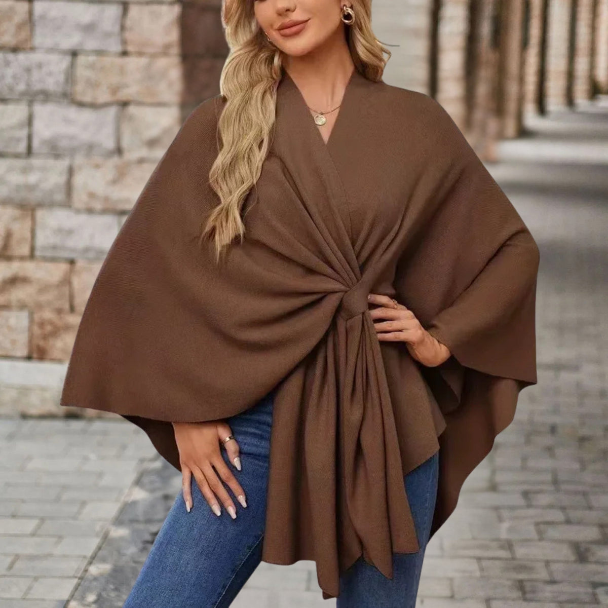 Twist Front Batwing Sleeve Knit Poncho