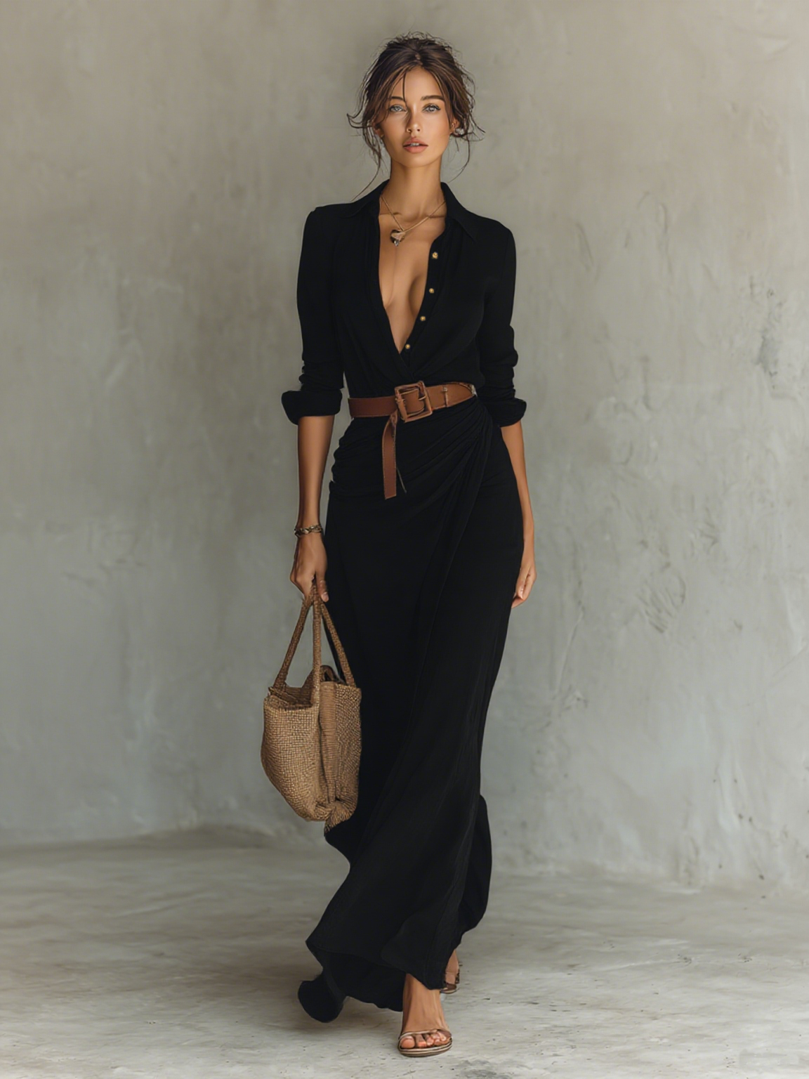 Collared Long Sleeve Shirt and Wrap Maxi Skirt Two Piece Set
