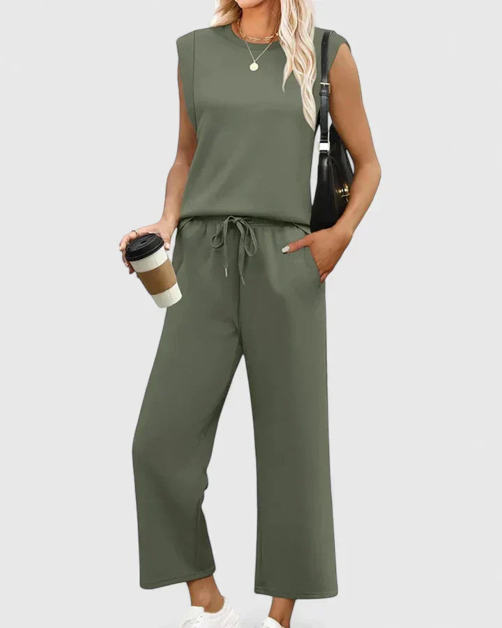 Sleeveless Top and Drawstring Wide Leg Pants Two Piece Set