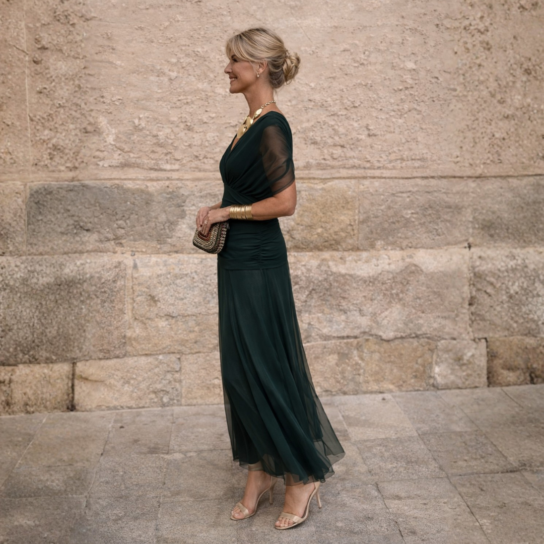 Chiffon V-Neck Ruched Draped Maxi Dress
