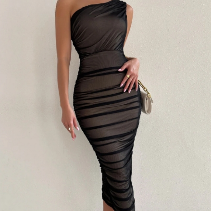 Mesh One Shoulder Ruched Bodycon Midi Dress 6