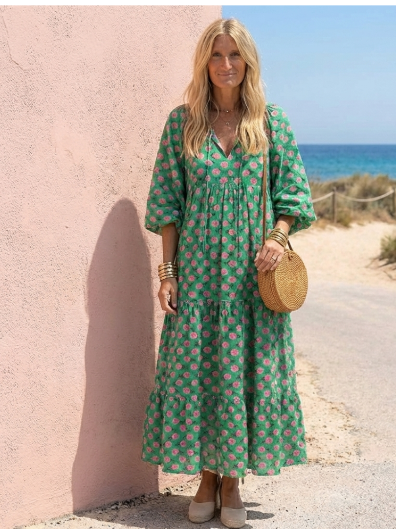 Floral Print V-Neck Half Sleeve Tiered Maxi Dress