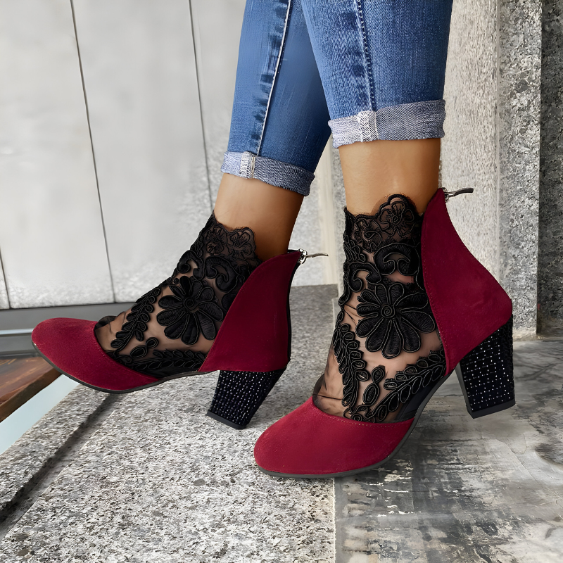 Floral Lace Mesh Embellished Block Heel Ankle Boots