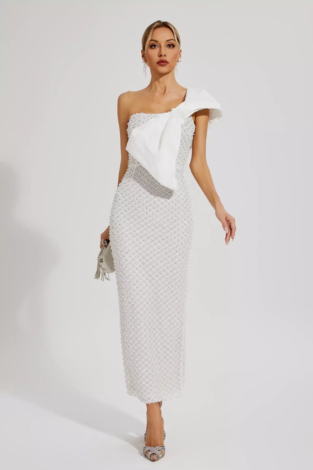 Pearl Embellished Strapless Bow Bodice Bodycon Maxi Dress 3
