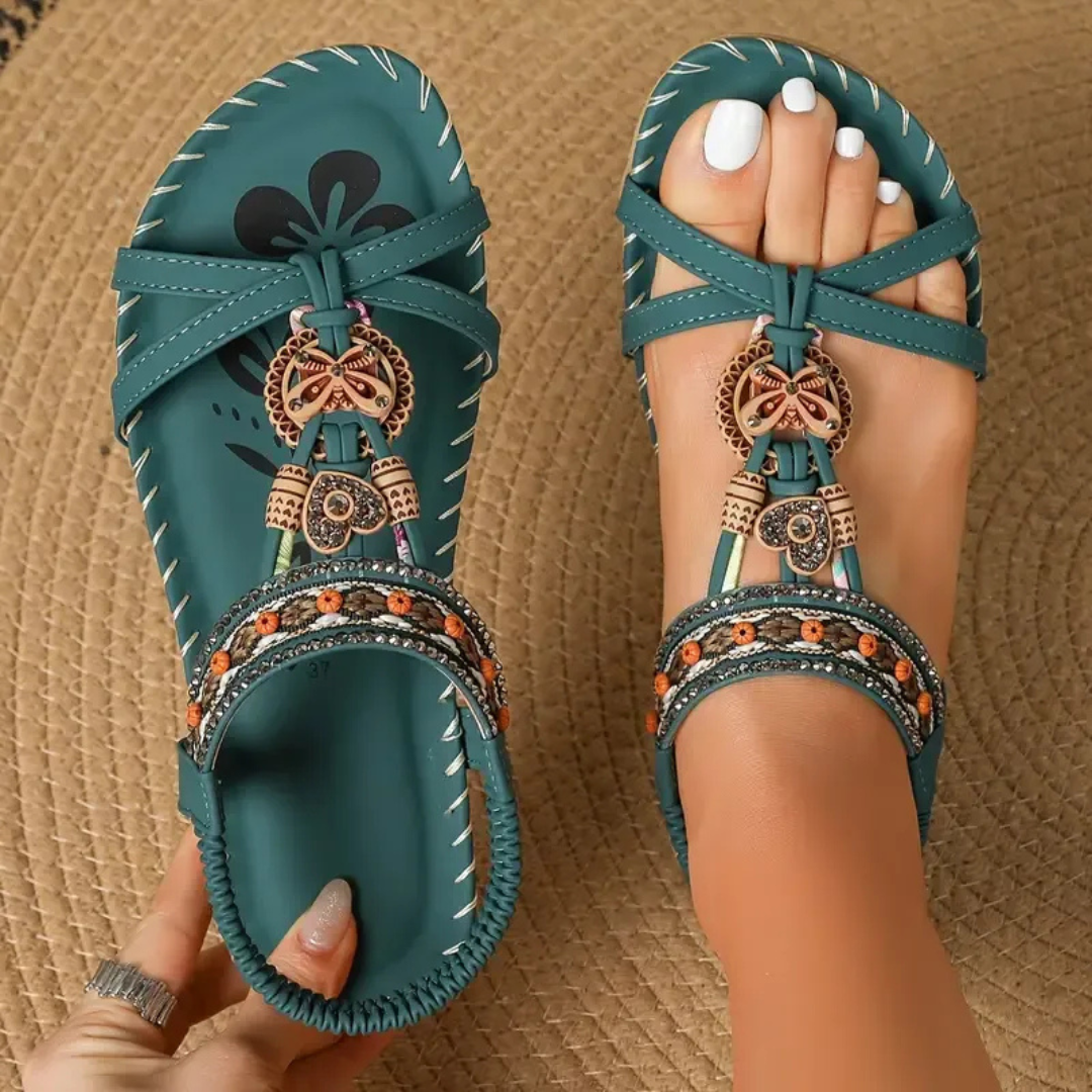 Beaded Boho T-Strap Flat Sandals