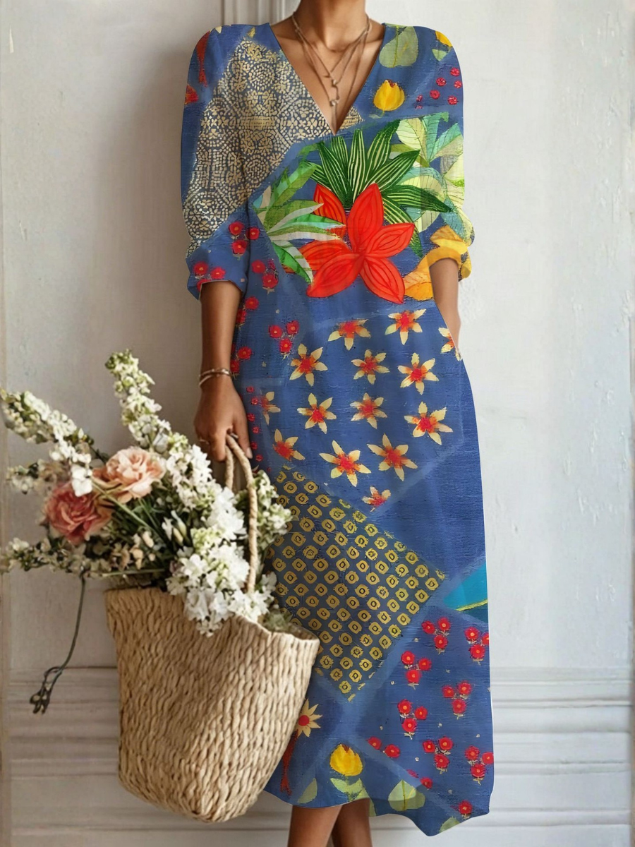 Patchwork Floral V-Neck Long Sleeve Linen Look Midi Dress