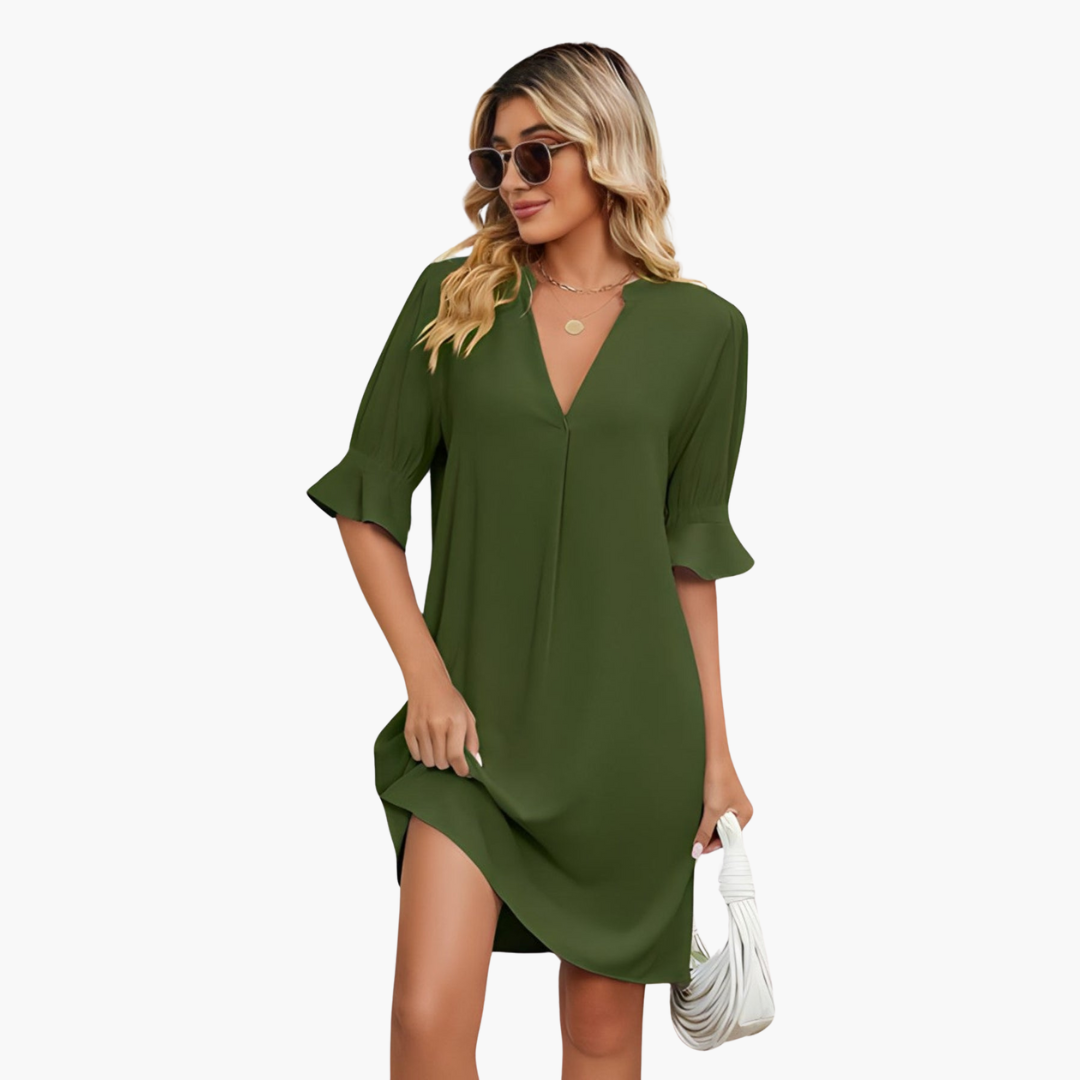 Gwen | Loose V-Neck Pleated Dress Army Green