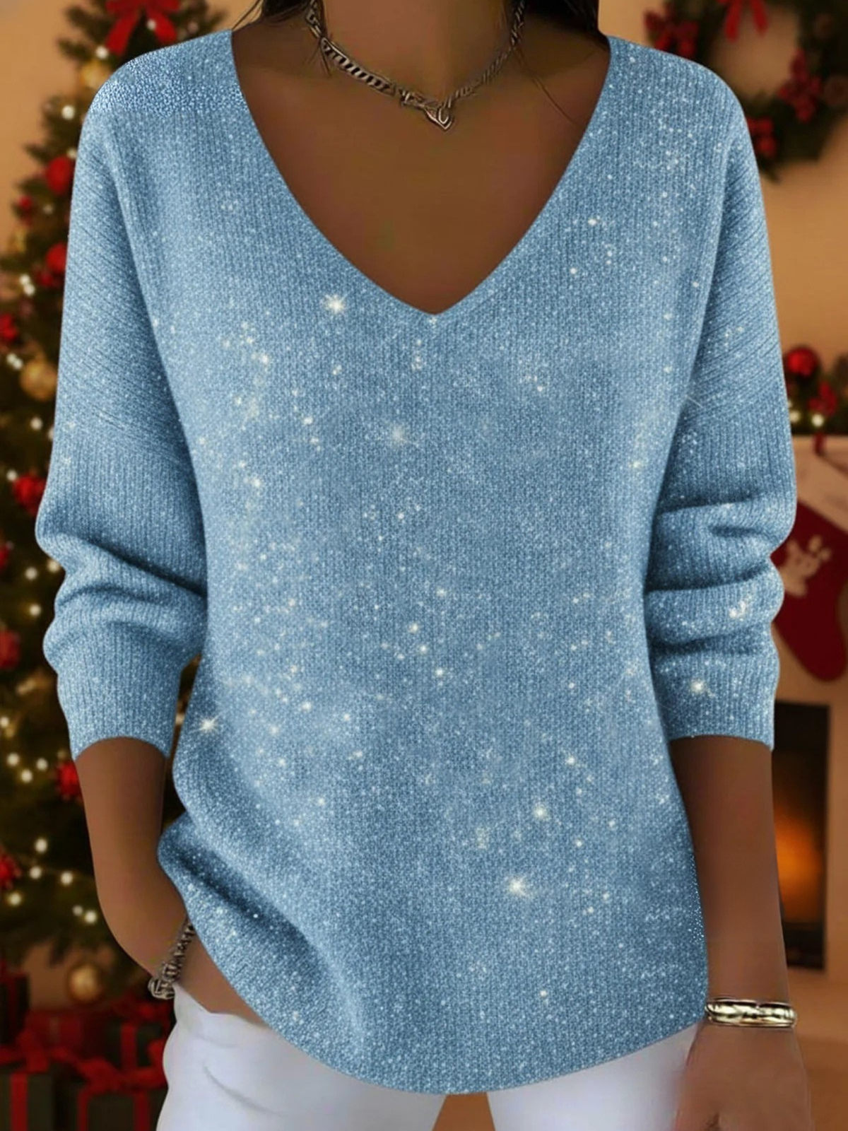 V-Neck Long Sleeve Glitter Knit Sweater
