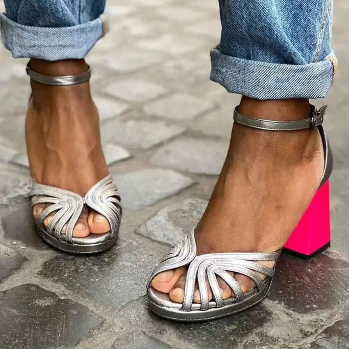 Strappy Peep Toe Ankle Strap Block Heel Sandals