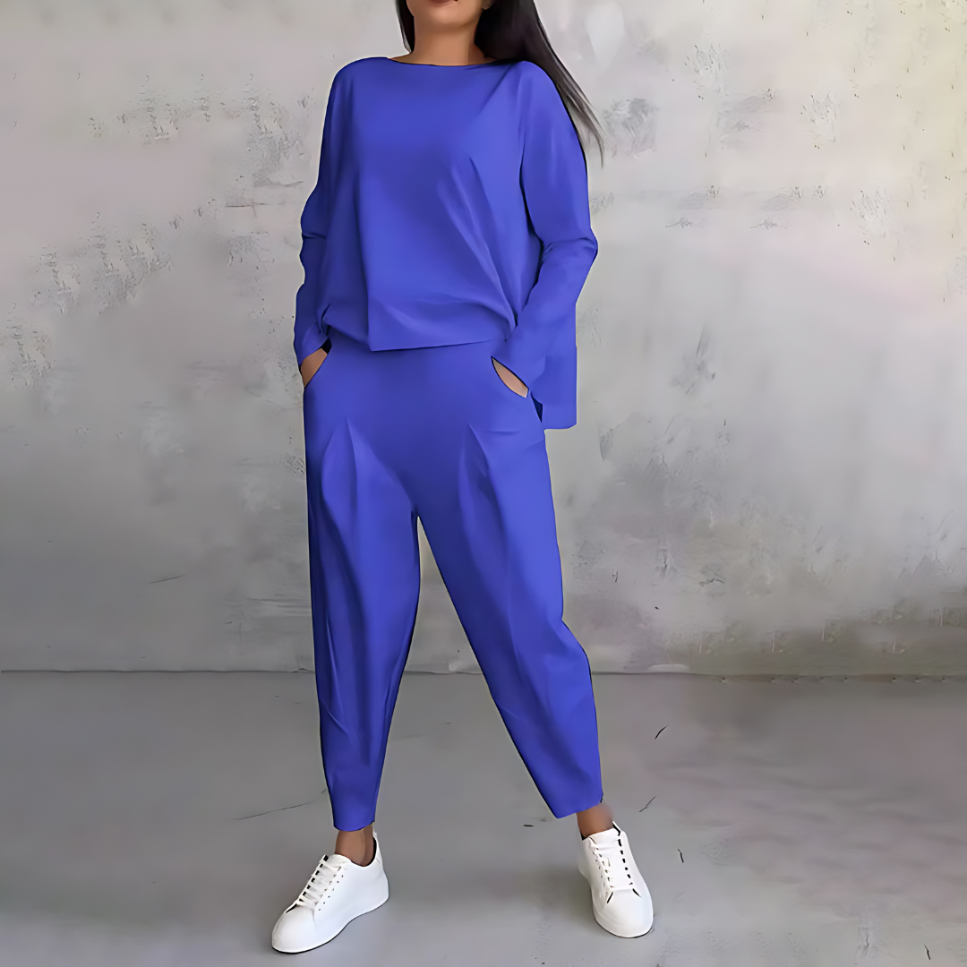 Boat Neck Long Sleeve Top and Tapered Pants Two Piece Set