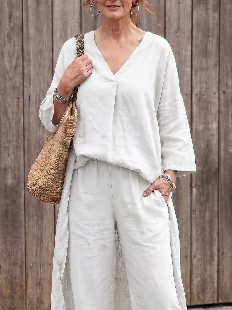 V-Neck Tunic Top and Wide Leg Pants Two Piece Set