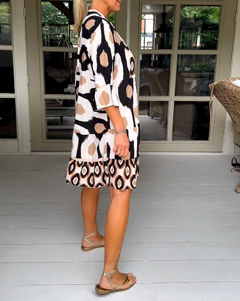 Abstract Print Button Front Flared Sleeve Tiered Midi Dress