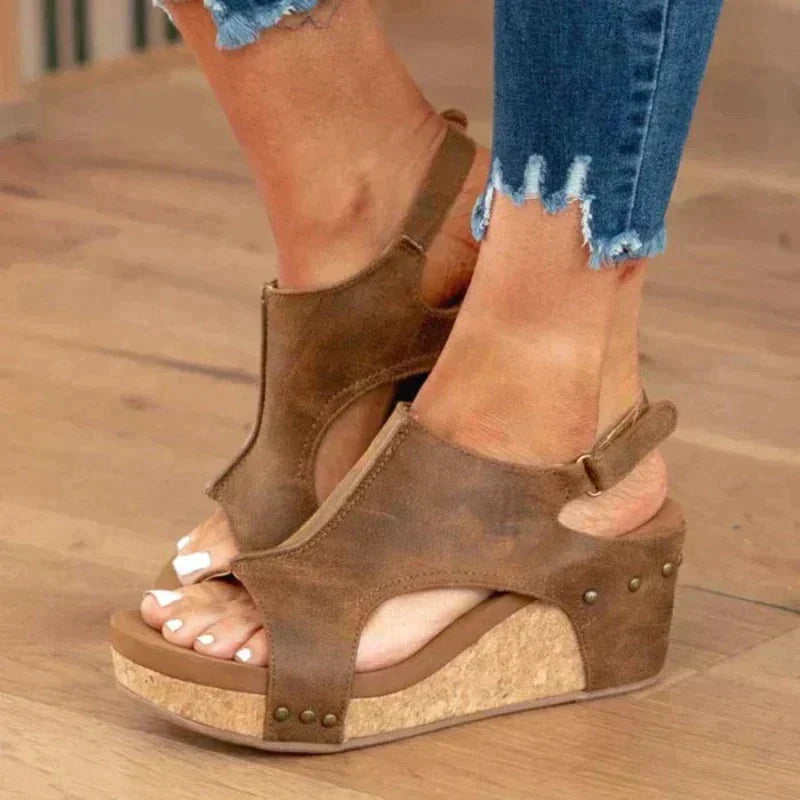 Peep Toe Cut Out Slingback Cork Wedge Sandals