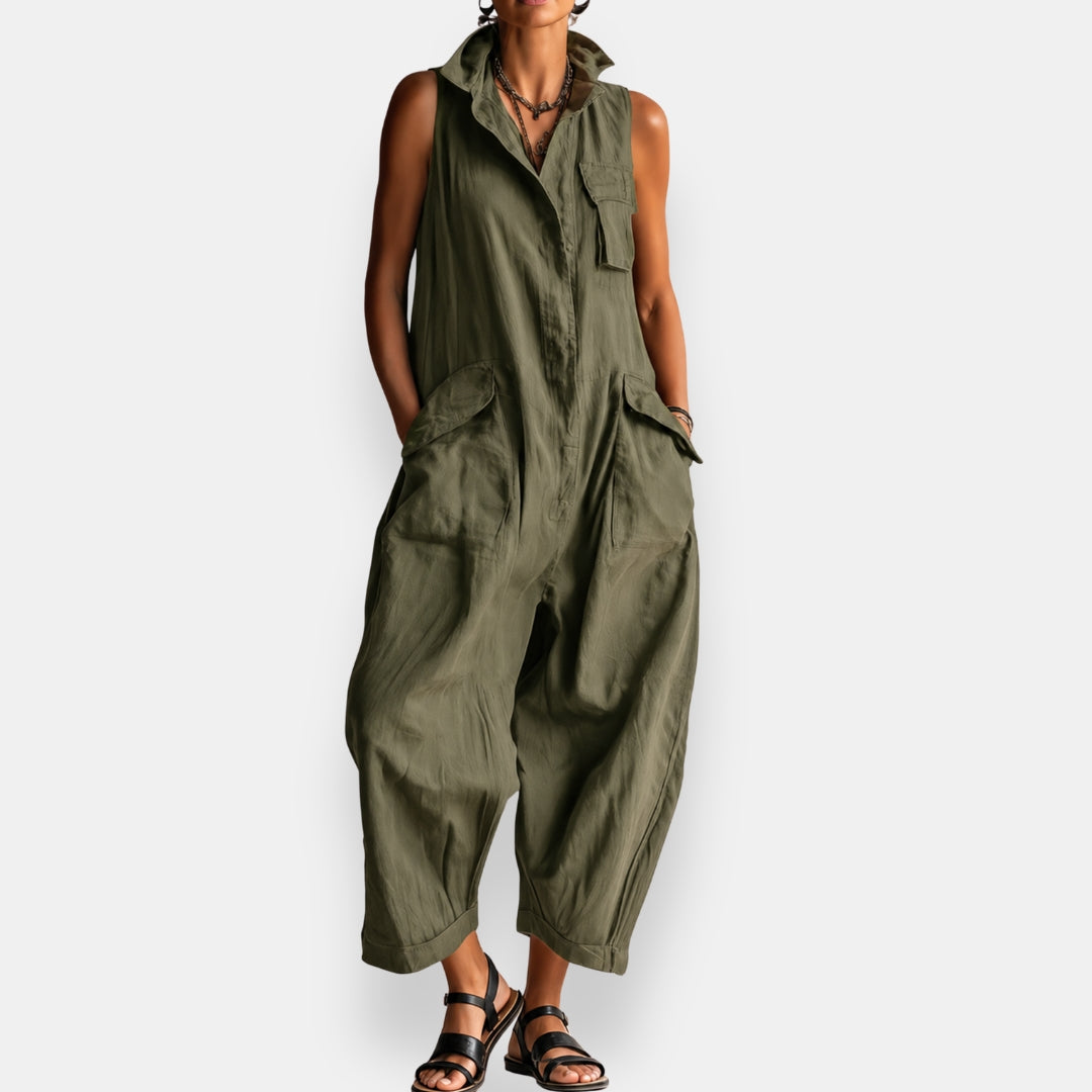 Sleeveless Collared Flap Pocket Wide Leg Cargo Jumpsuit