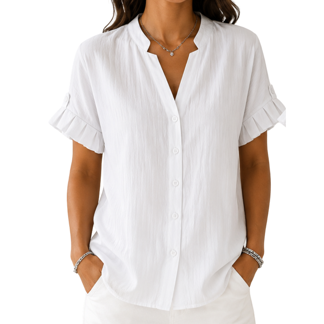 Notch Neck Ruffle Short Sleeve Button Front Blouse