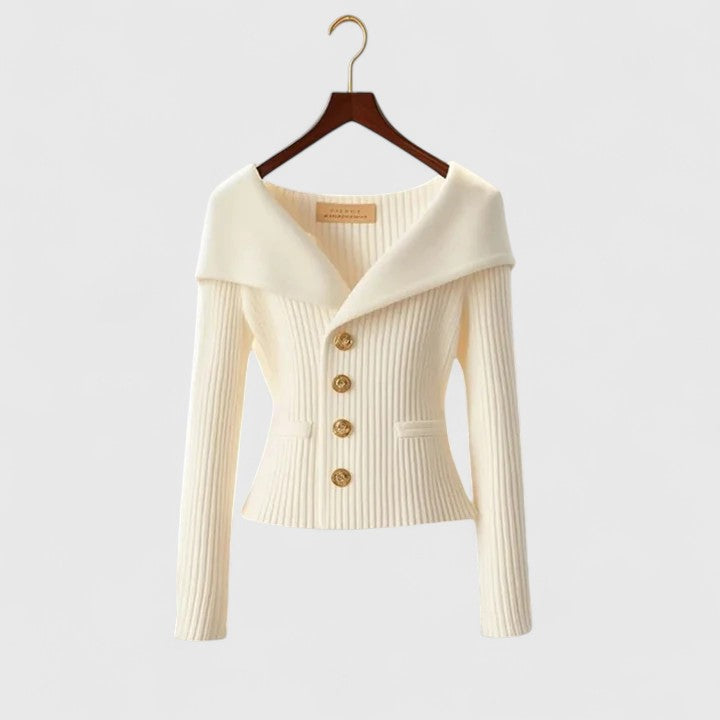 Portrait Collar Button Front Ribbed Knit Sweater