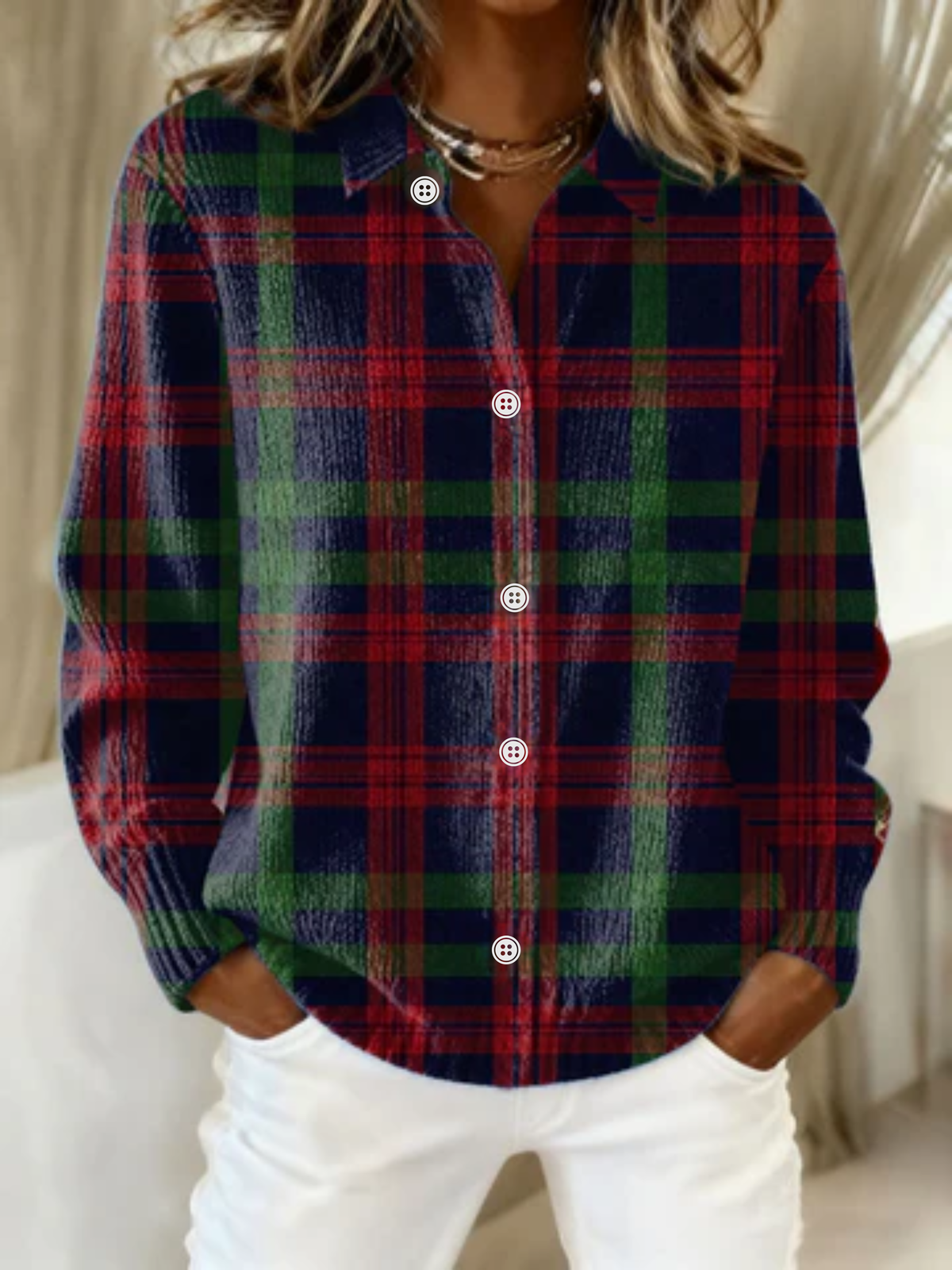 Plaid Collared Long Sleeve Button Front Shirt
