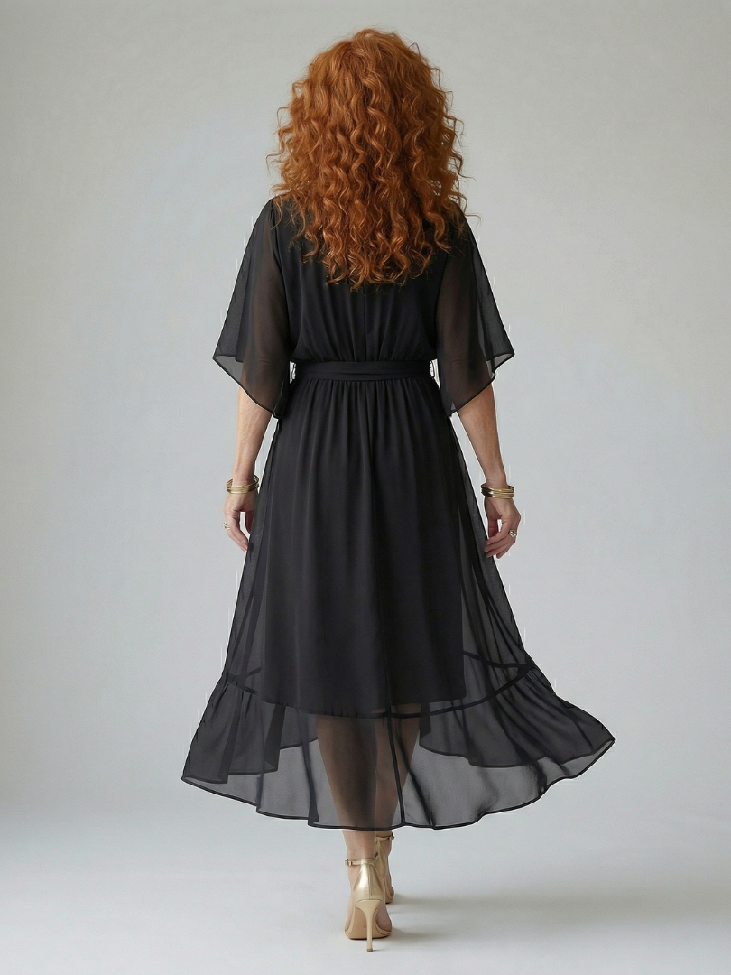 Chiffon V-Neck Kimono Sleeve Belted Ruffle Midi Dress