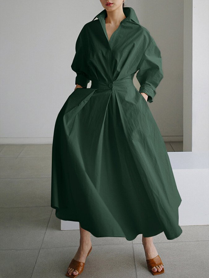Collared Long Sleeve Pleated Waist A-Line Maxi Shirt Dress