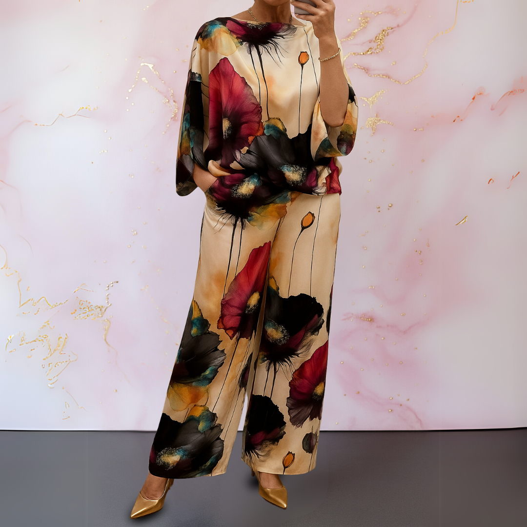 Watercolor Floral Batwing Top and Wide Leg Pants Two Piece Set