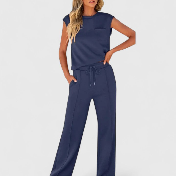 Cap Sleeve Top and Drawstring Wide Leg Pants Two Piece Set
