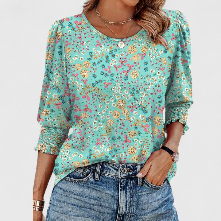 Round Neck Puff Sleeve Smocked Cuff Top