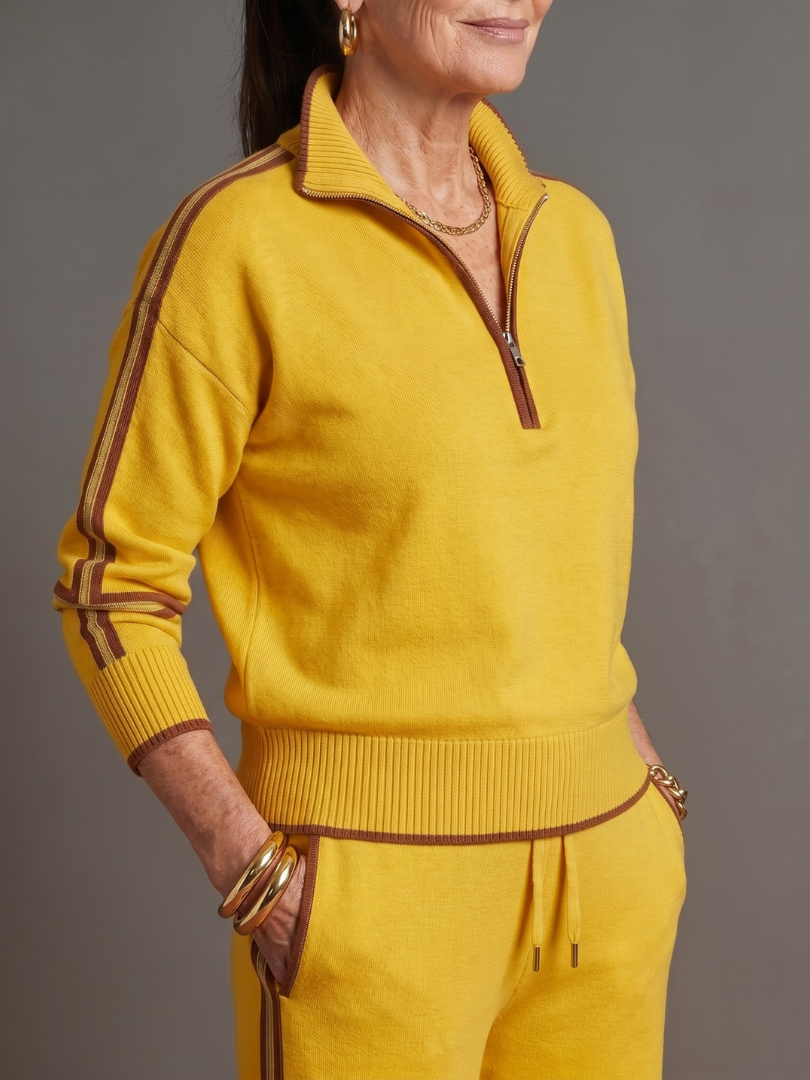 Quarter Zip Sweatshirt and Side Stripe Wide Leg Pants Two Piece Set