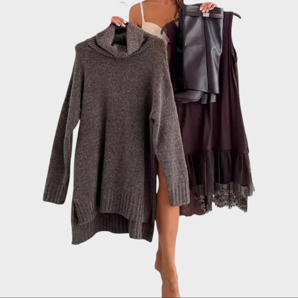 Turtleneck Oversized Sweater and Lace Slip Dress Two Piece Set